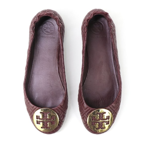 Tory Burch Shoes - Tory Burch Minnie Travel Ballet Flat Quilted Genuine Leather Burgundy Port Gold
